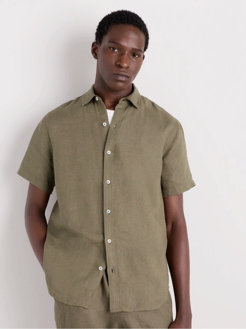 QUINCE Men's 100% European Linen Short Sleeve Olive Shirt